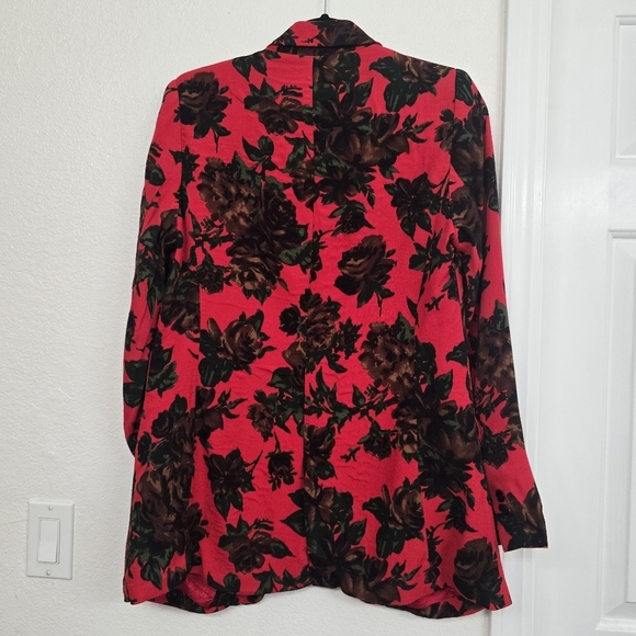 Women’s Red Black Oversized Floral M Open Front Relaxed Work to Weekend Blazer - Picture 6 of 12